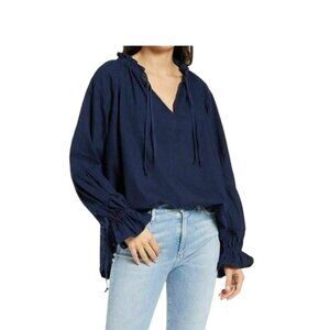 We The Free Navy Blue Long Sleeve Peasant Top With Drawstring Neckline & Ruffle